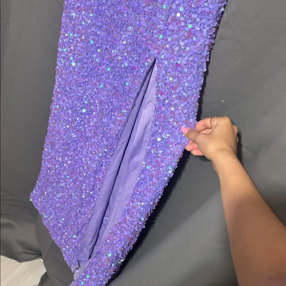 B.Smart Purple Sequin Spaghetti Strap Maxi Dress With V-Neck & Side Slit - Picture 3 of 9